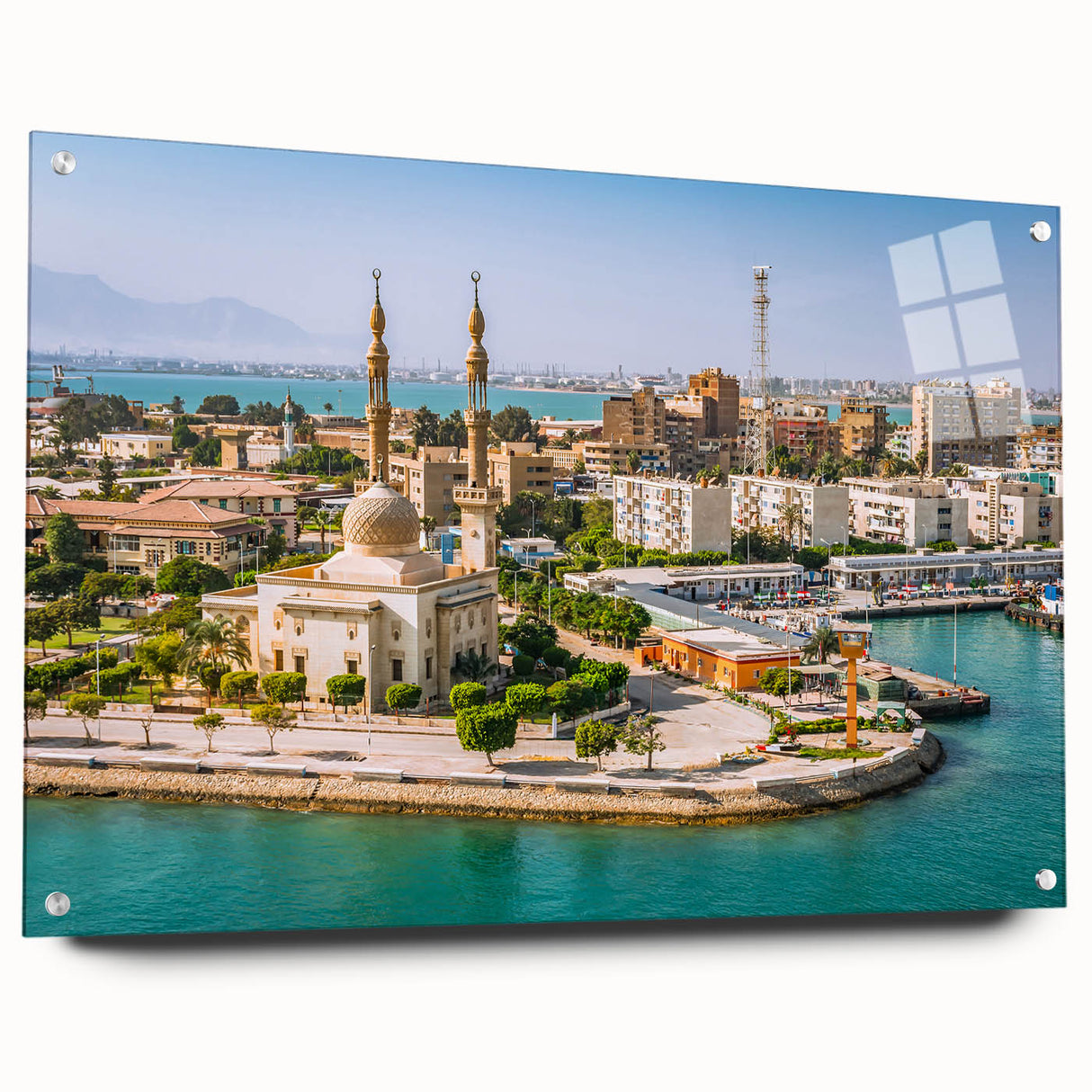 Acrylic print of an abstract Egyptian landscape in earth tones, ideal for dining room decor.