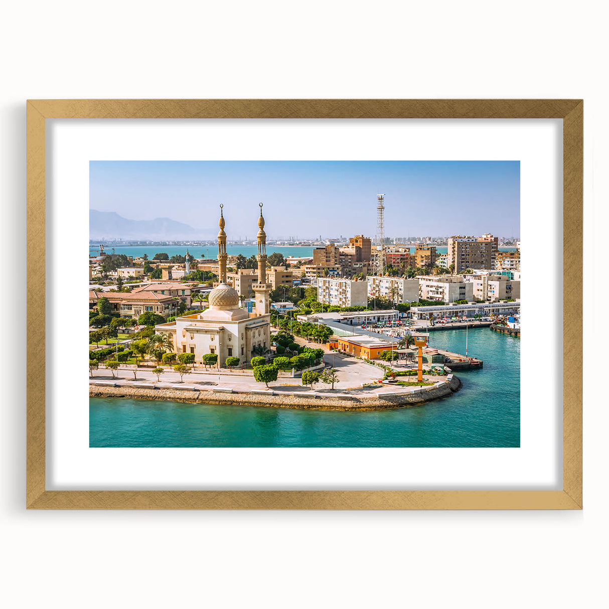 Textured abstract art print of Egyptian scenery in gold frame, ideal for bedroom wall decor.
