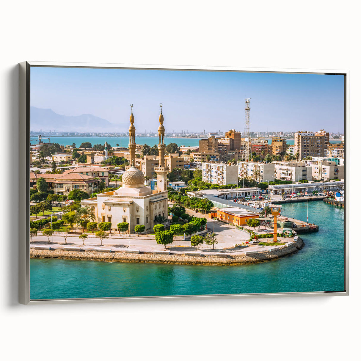 Vintage poster art of an Egyptian landscape on a framed canvas, featuring a palette of black and colorful art.