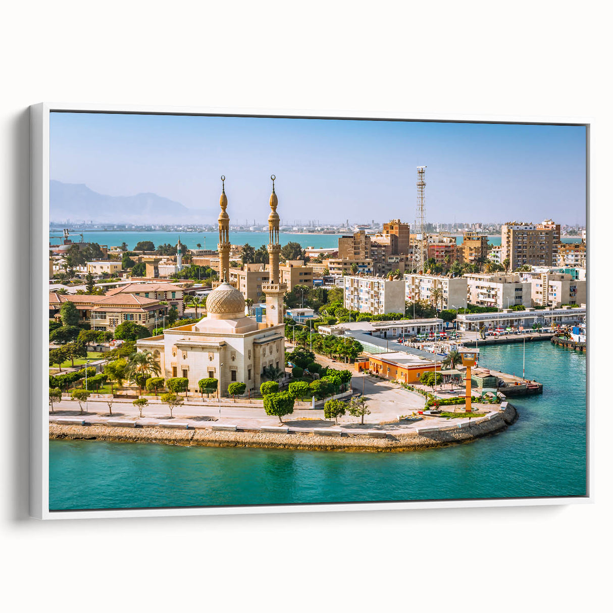Framed canvas depicting a vintage-style Egyptian landscape in muted earth tones, ideal for bedroom wall art.