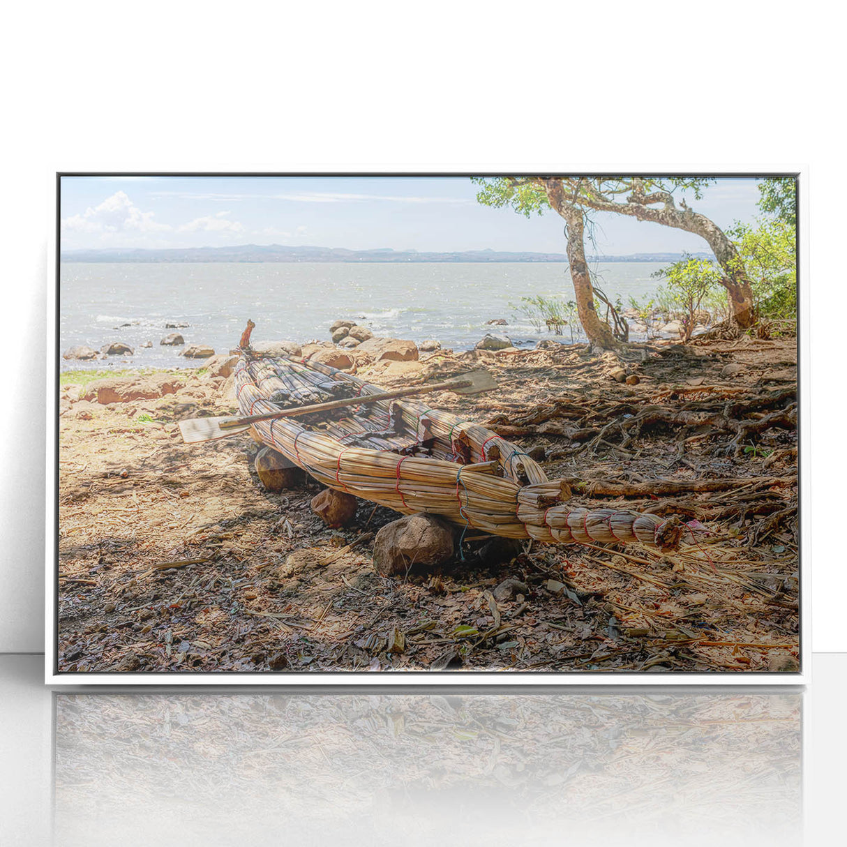 Framed acrylic print of an Ethiopian landscape in mid-century modernist style, ideal for nursery wall art.