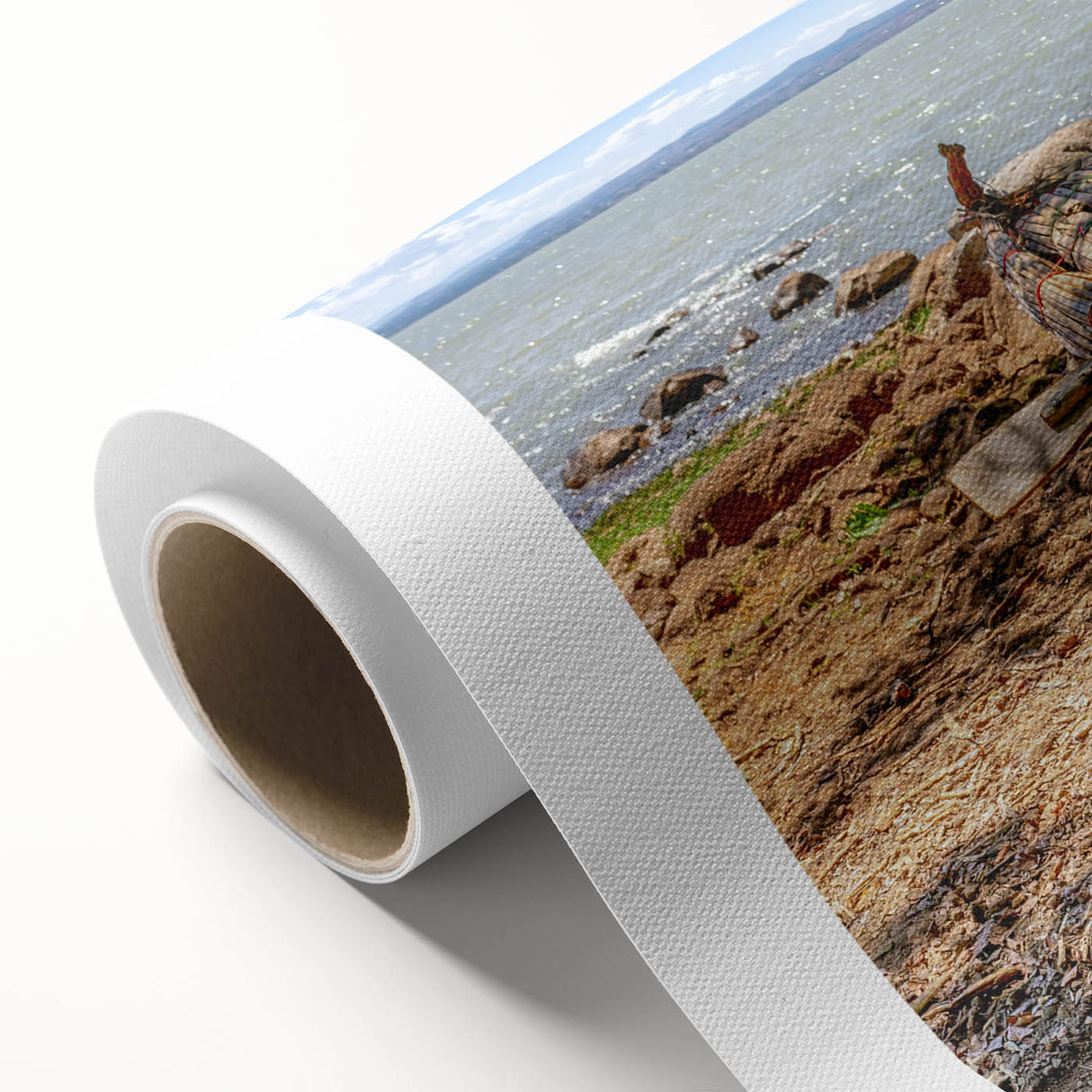 Art Deco style poster of Ethiopian scenery on rolled canvas, using earthy color tones.