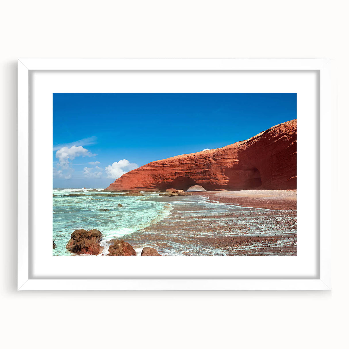 Extra large wall art featuring an abstract depiction of a Moroccan landscape in textured earth tones, framed in white.