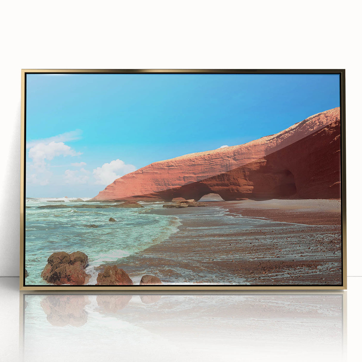 Mid-century modernist art depicting a Moroccan landscape in gold and blue tones, acrylic print framed.