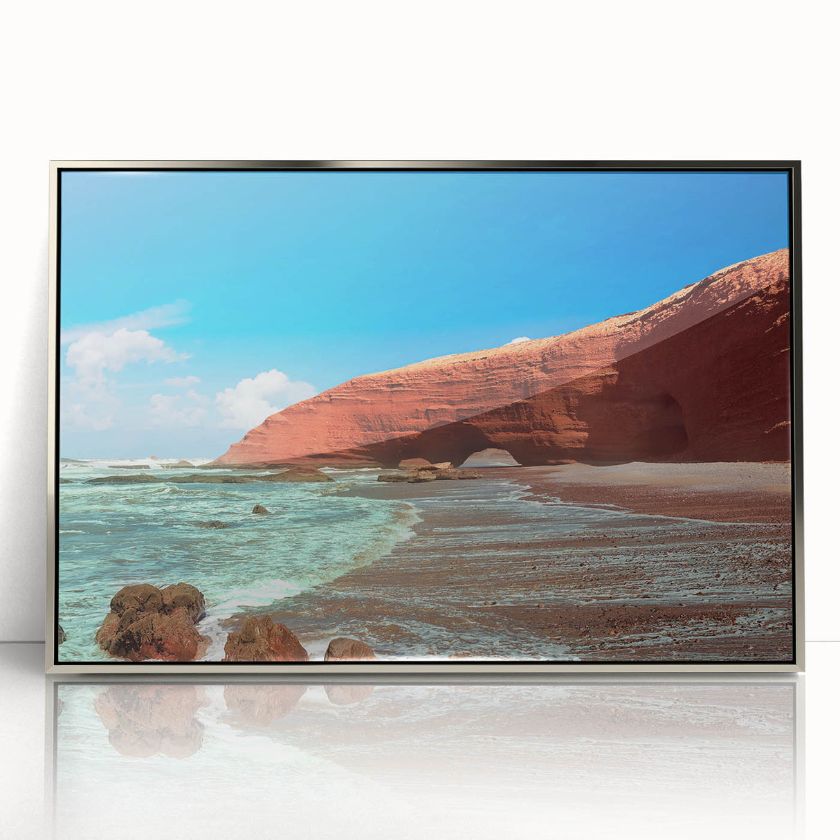 Art deco poster of Moroccan scenery in muted earth tones on framed acrylic, suitable for modern art wall decor.