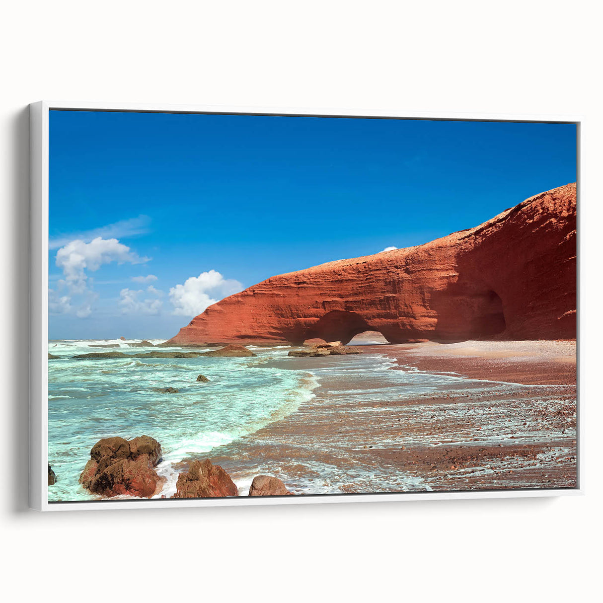 Framed canvas wall art featuring a vintage-style Moroccan landscape in muted earth tones, ideal for bedroom decor.