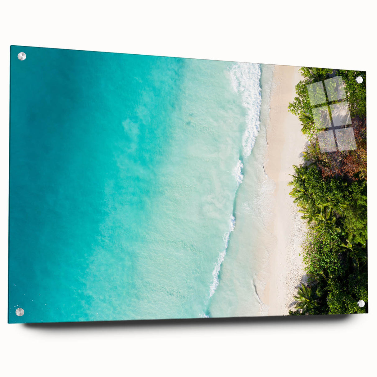 Acrylic print of a Seychelles landscape in vibrant blues and greens, ideal for bedroom or dining room decor.