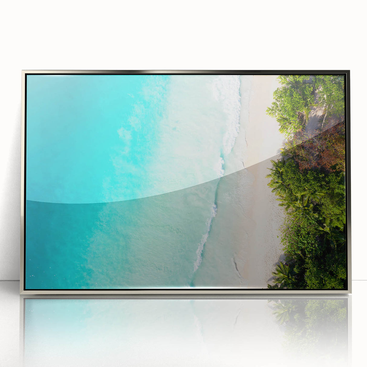 Mid-century modernist art depicting Seychelles scenery in muted blue and green tones on a silver-framed acrylic.