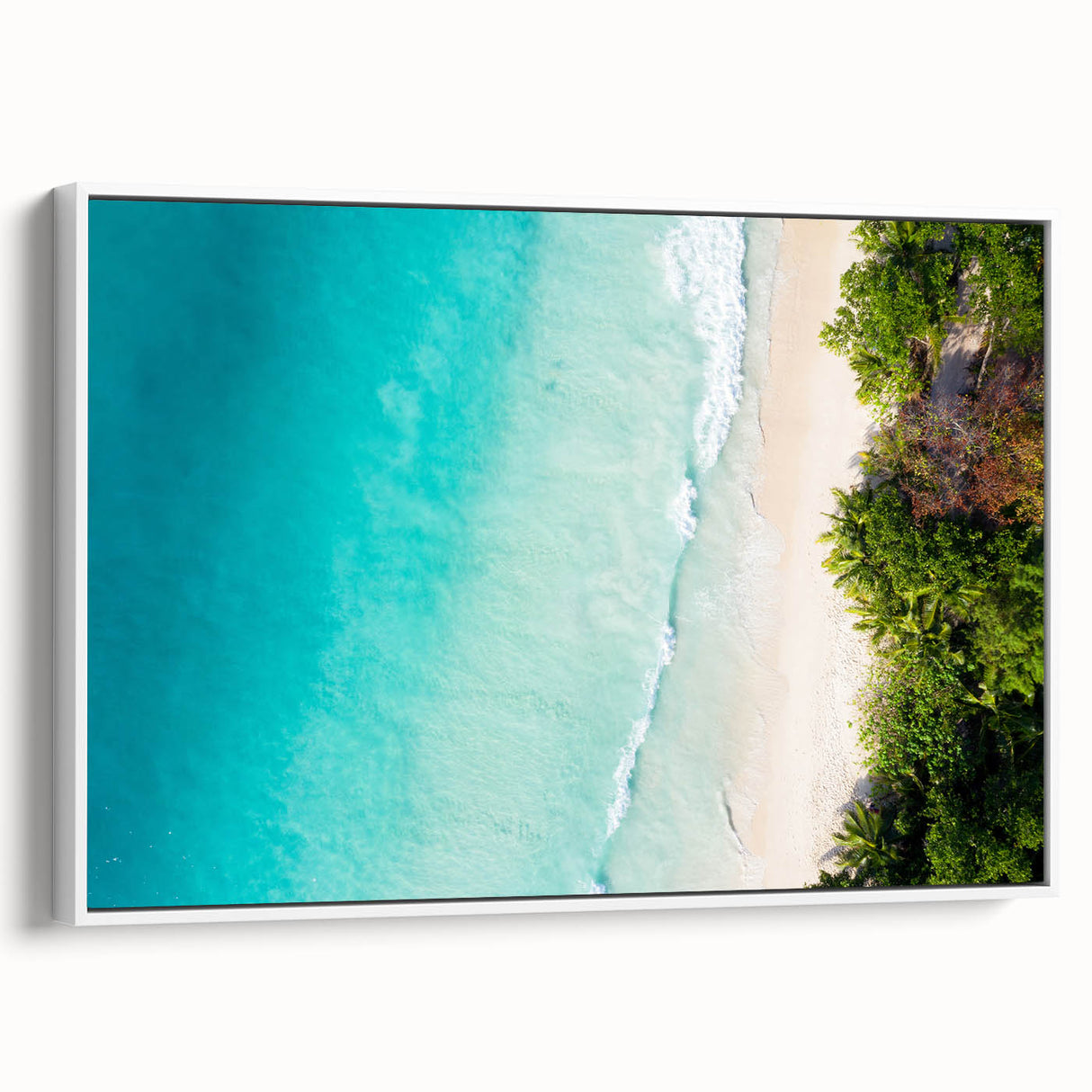 Vintage poster art of Seychelles scenery on framed canvas.