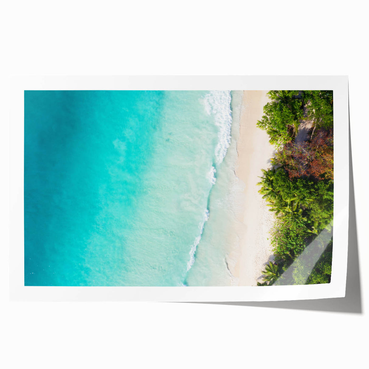 Extra large rolled print of Seychelles scenery with vibrant green and blue tones, ideal for art wall dining room.