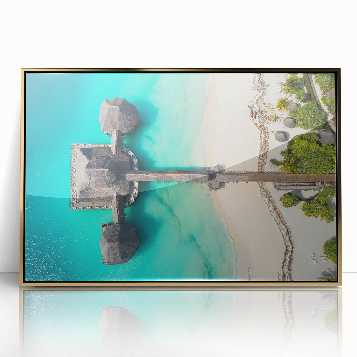 Large acrylic print of a Tanzanian landscape in gold frame, featuring mid-century modernist style.