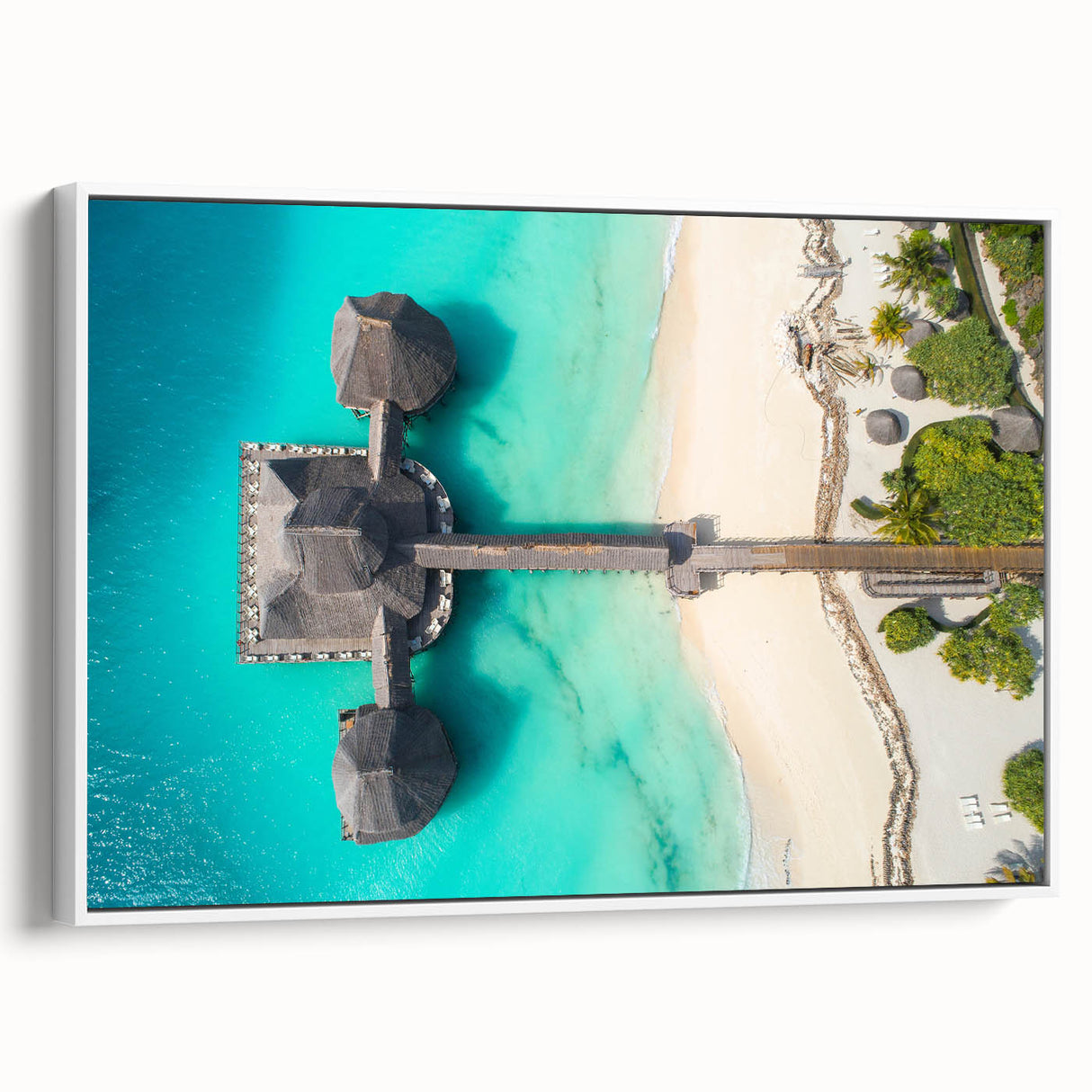 Vintage poster art of Tanzania scenery on framed canvas, featuring colorful art and black accents.