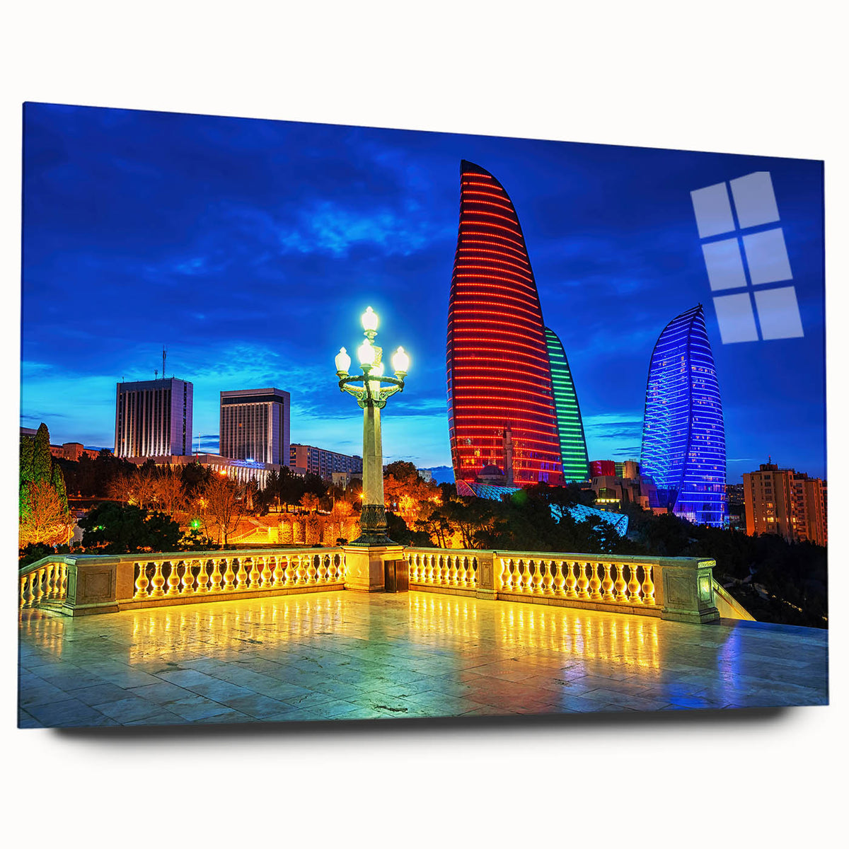 Large abstract wall art depicting a vibrant Asian landscape on acrylic glass, suitable for bedroom or dining room decor.