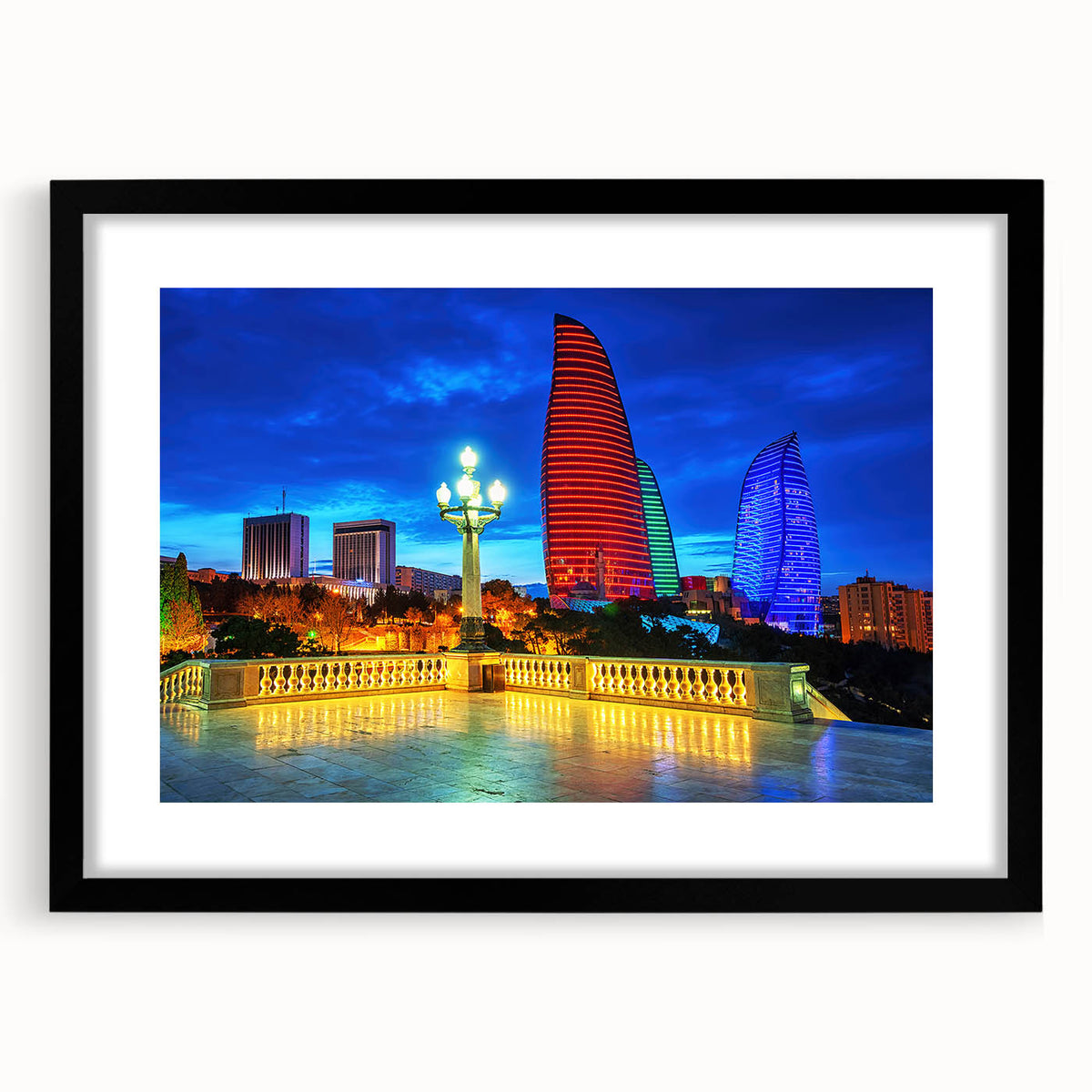 Extra large abstract art print featuring colorful, textured scenery of Azerbaijan on a black framed canvas.