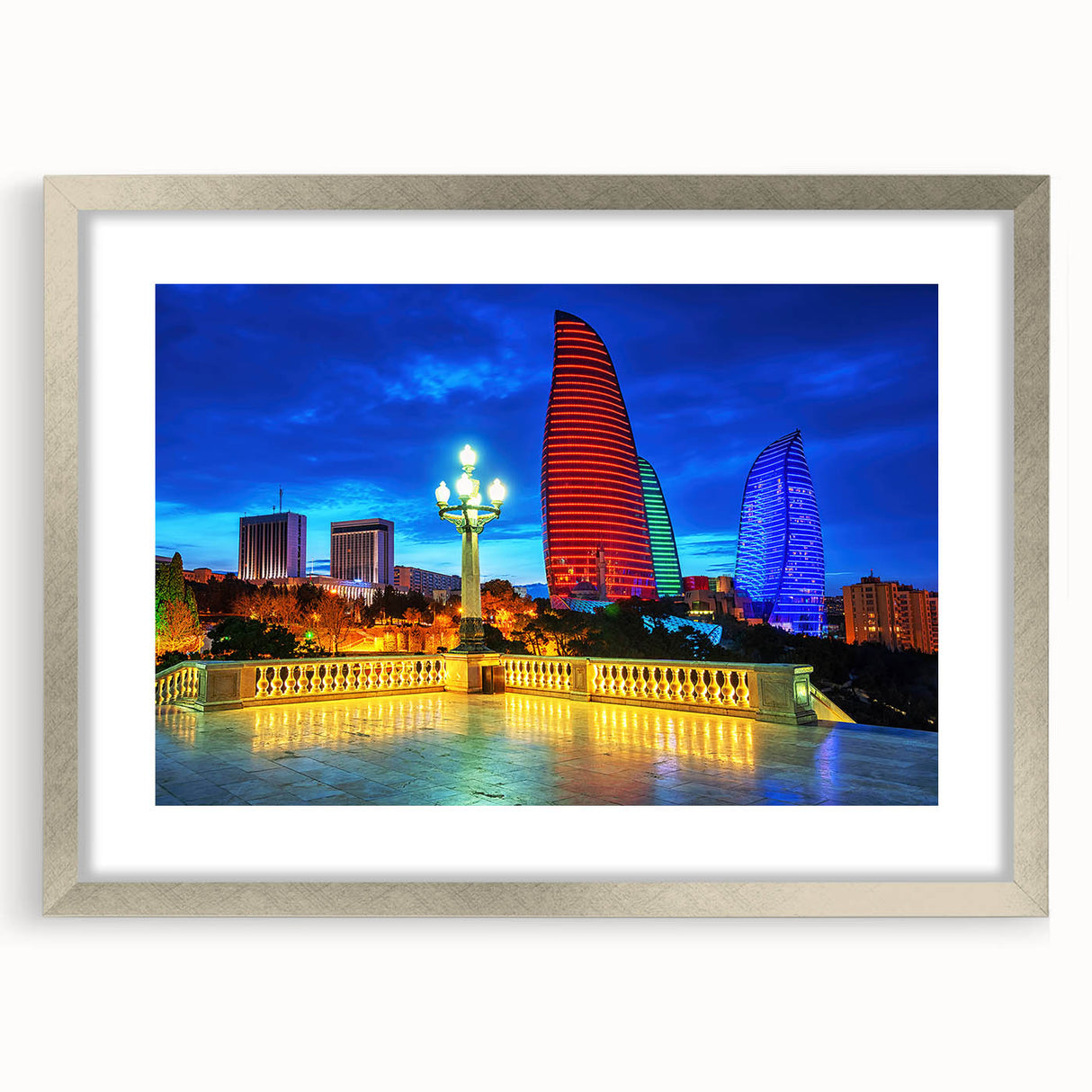 Textured abstract art print depicting an Asian landscape in muted earth tones, framed in silver.