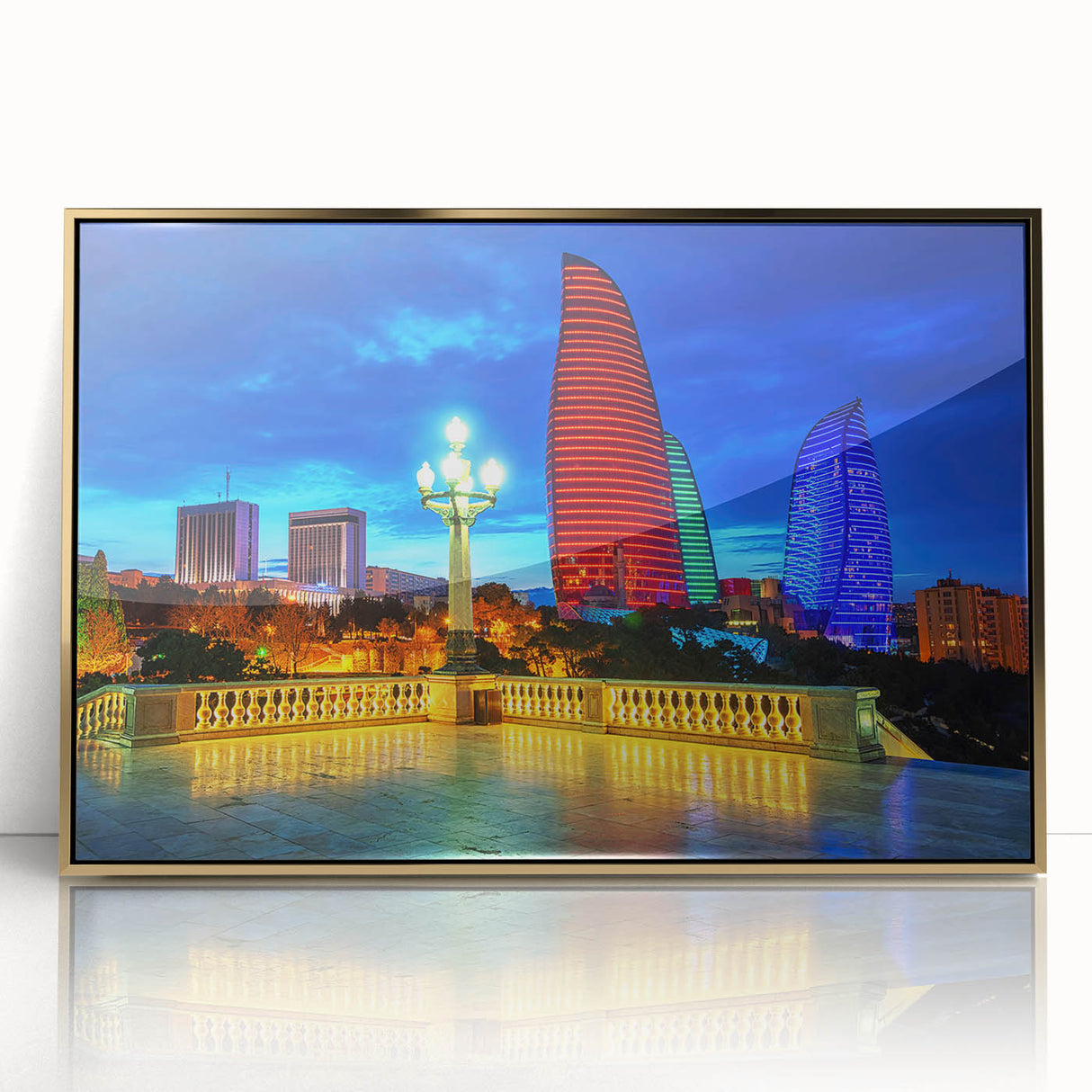 Mid-century modernist acrylic print of an Azerbaijani landscape in gold and green tones, ideal for modern art wall decor.