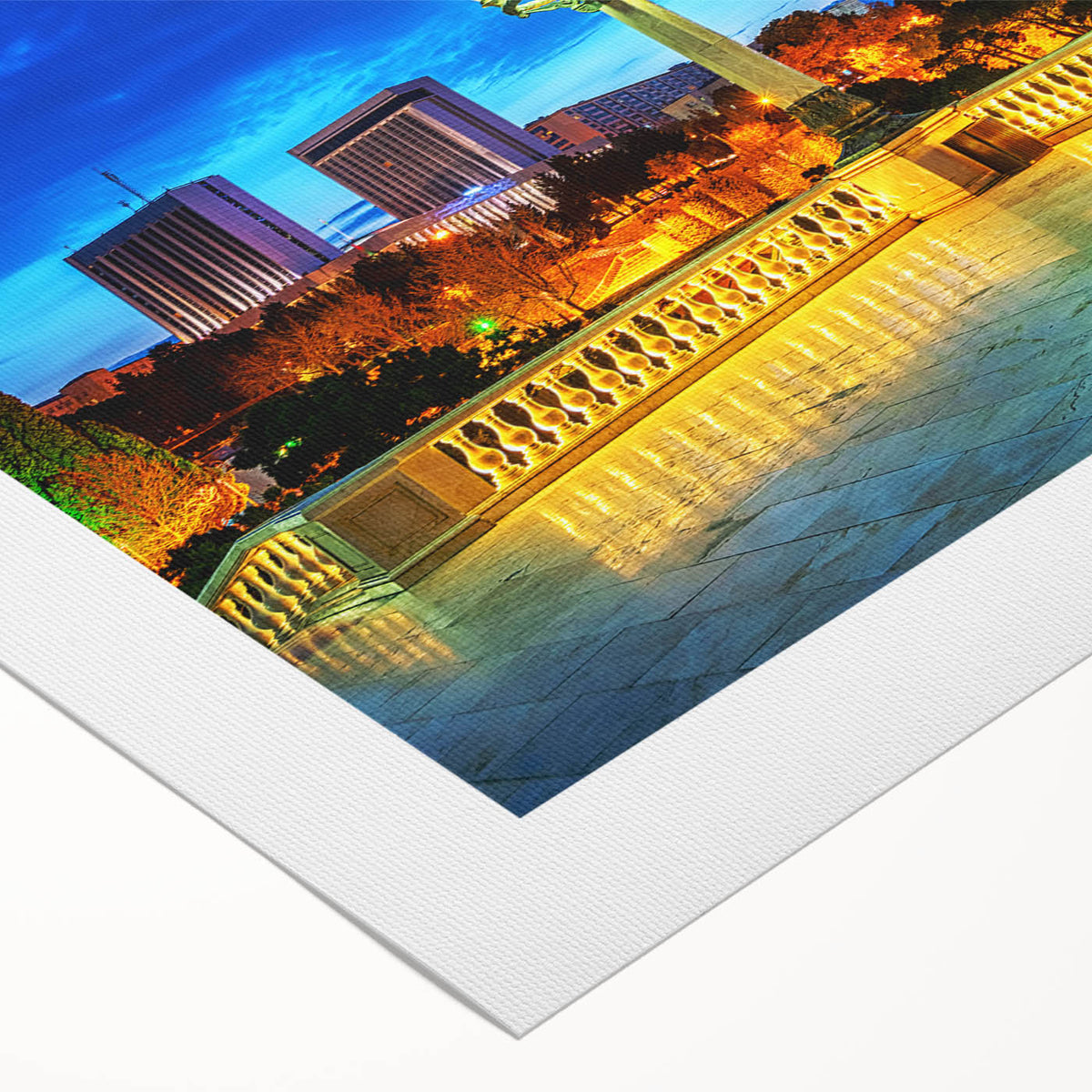 Art deco poster featuring a stylized skyline of Baku, Azerbaijan in muted gold and navy tones on rolled canvas.