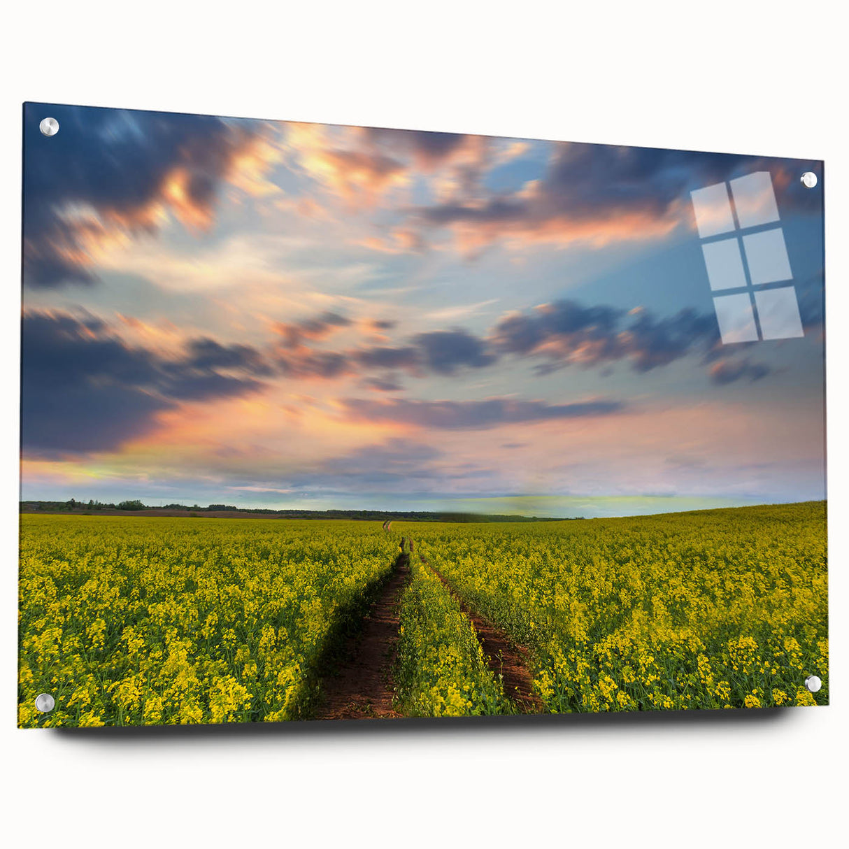 Large abstract wall art depicting Bangladesh scenery in muted green and blue tones on acrylic glass.