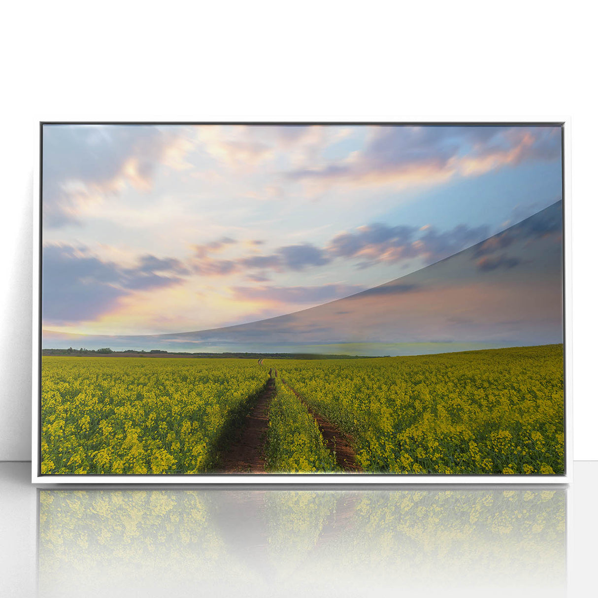 Acrylic print of a serene Bangladesh landscape in soft pastel shades, framed in white, suitable for modern art wall decor.