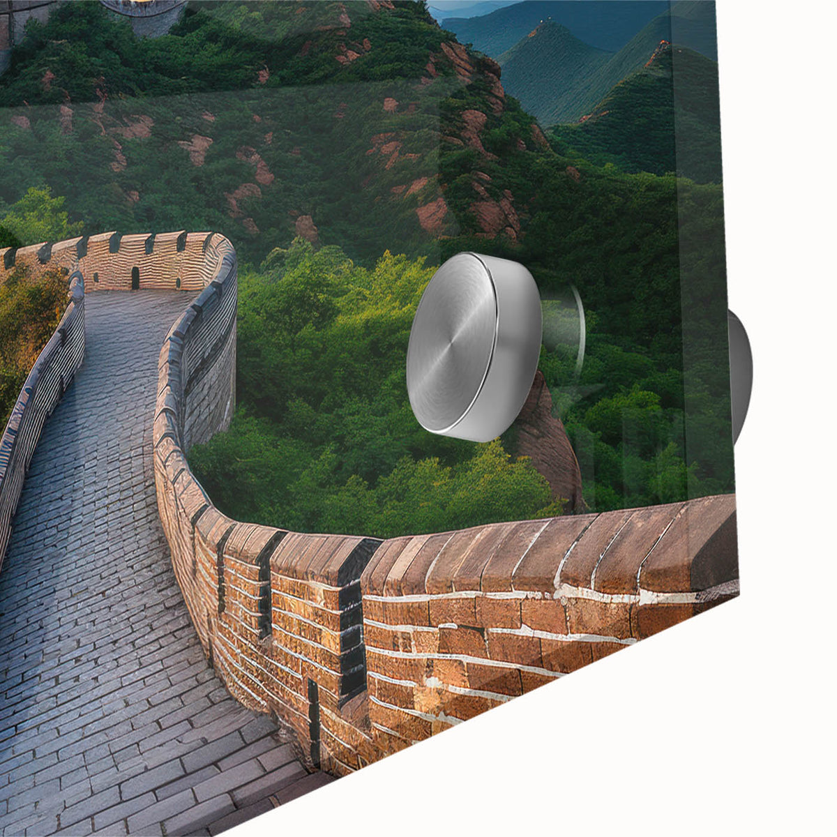 Mid-century modernist art of the Great Wall of China in muted earth tones on acrylic glass, suitable for dining room art.
