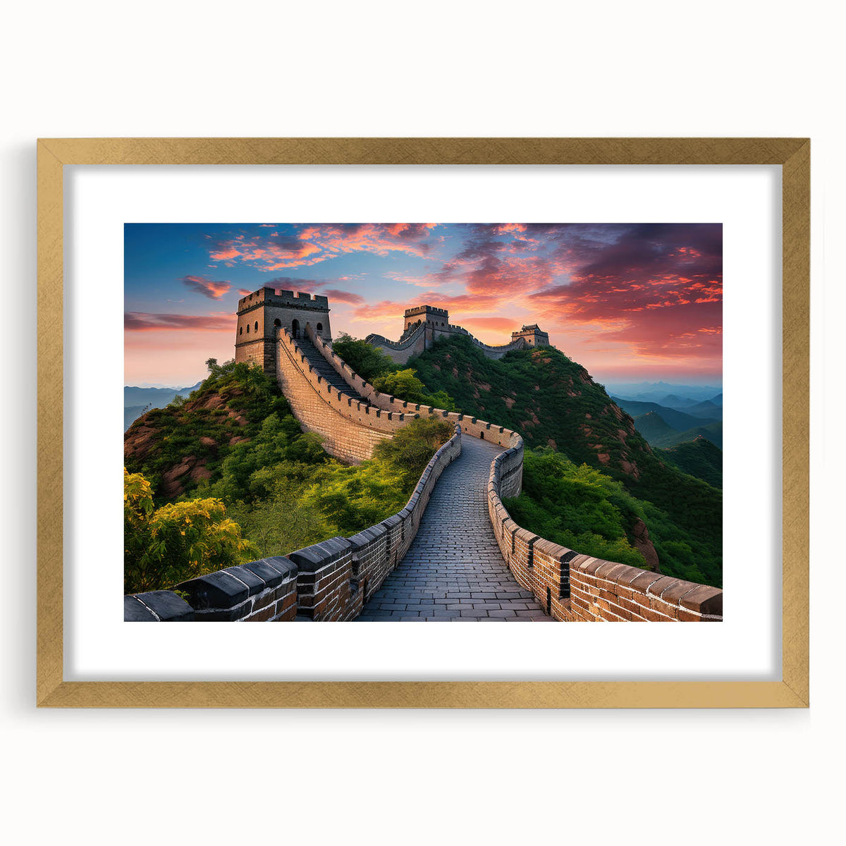 Extra large wall art featuring an abstract print of the Great Wall of China in textured gold and earth tones.