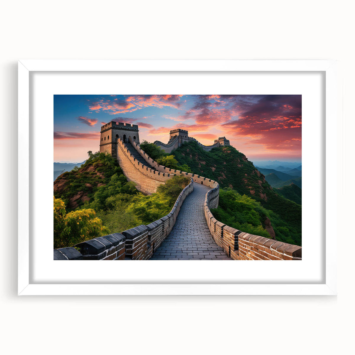 Abstract art print of the Great Wall of China in muted earth tones on a framed white mat, ideal for dining room decor.
