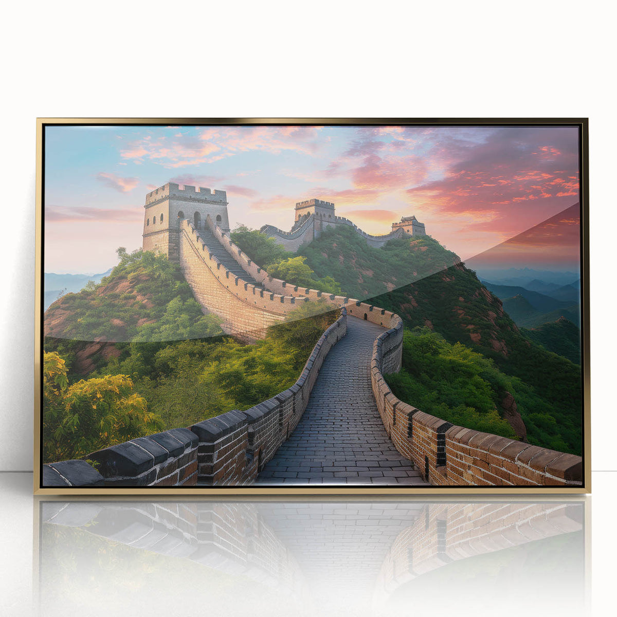 Acrylic print of the Great Wall of China in muted earth tones, styled in mid-century modernist art.