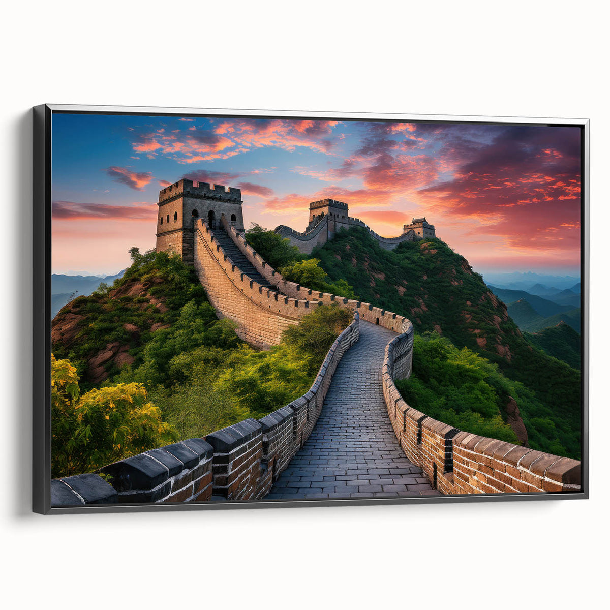 Black and white wall art featuring the Great Wall of China on framed canvas, ideal for bedroom decor.
