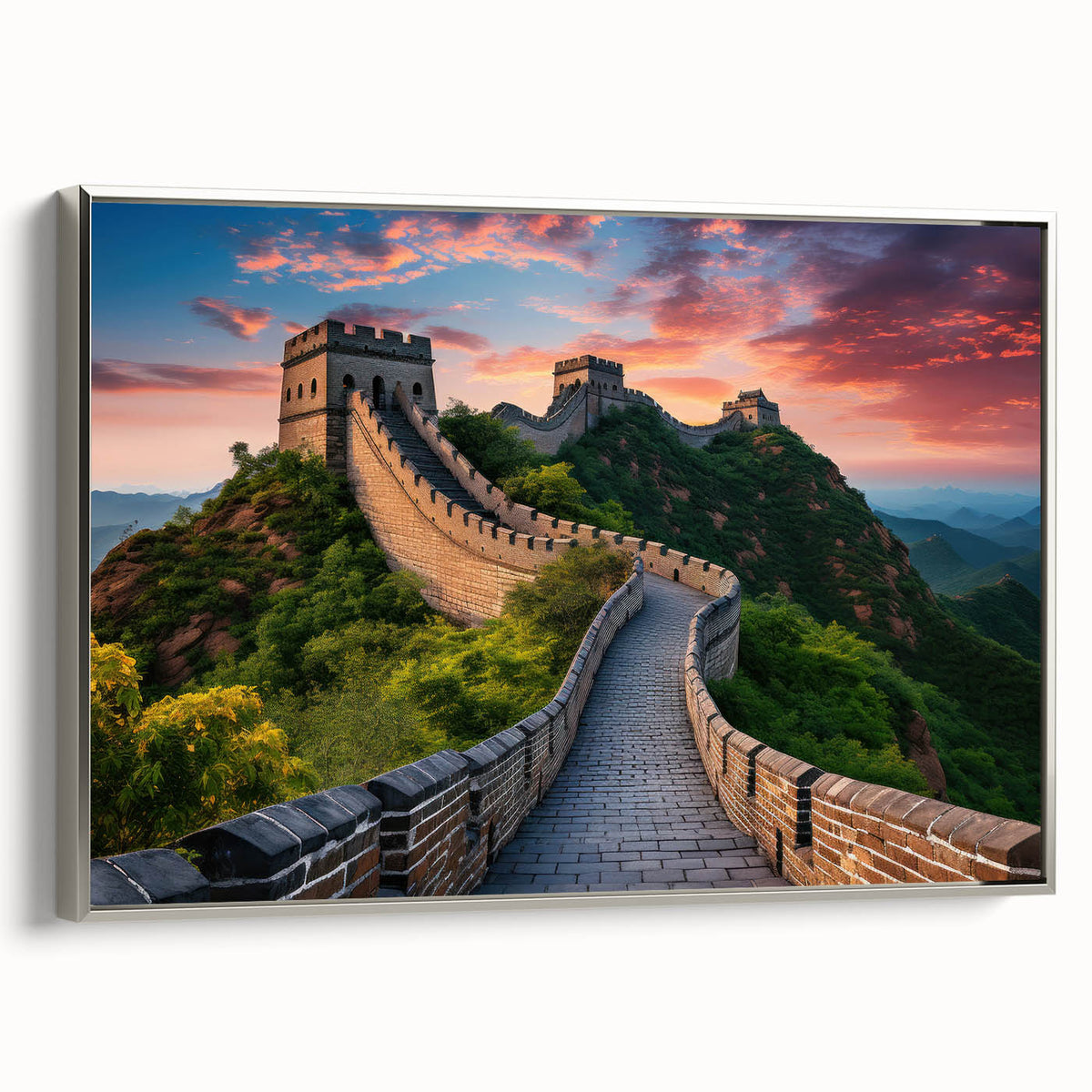 Framed canvas depicting the Great Wall of China in muted earth tones, ideal for a study or office wall.