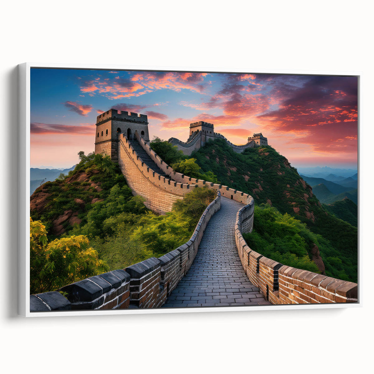 Vintage poster art of the Great Wall of China in muted earth tones, displayed on a large framed canvas.