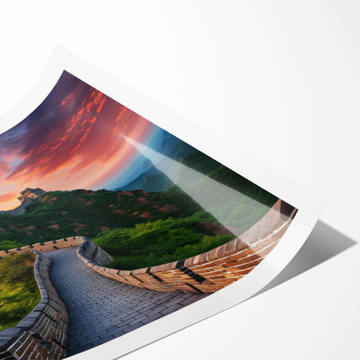 Extra large wall art depicting the Great Wall of China in muted earth tones on a rolled canvas.