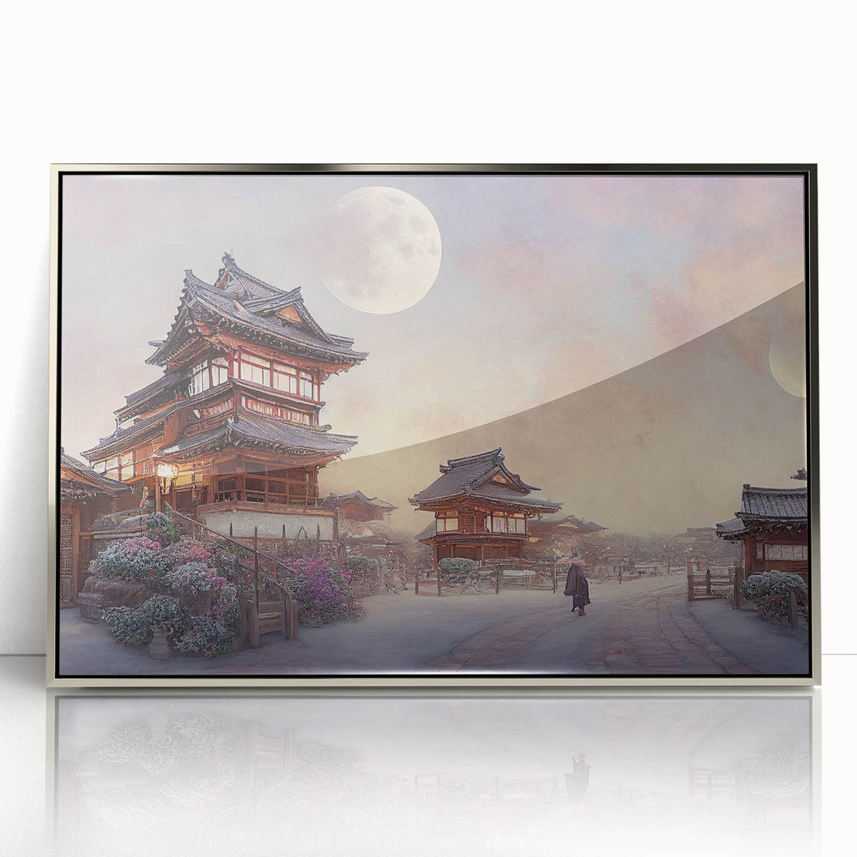 Mid-century modernist art depicting a serene Kyoto landscape in soft pastels on framed acrylic, ideal for nursery wall art.