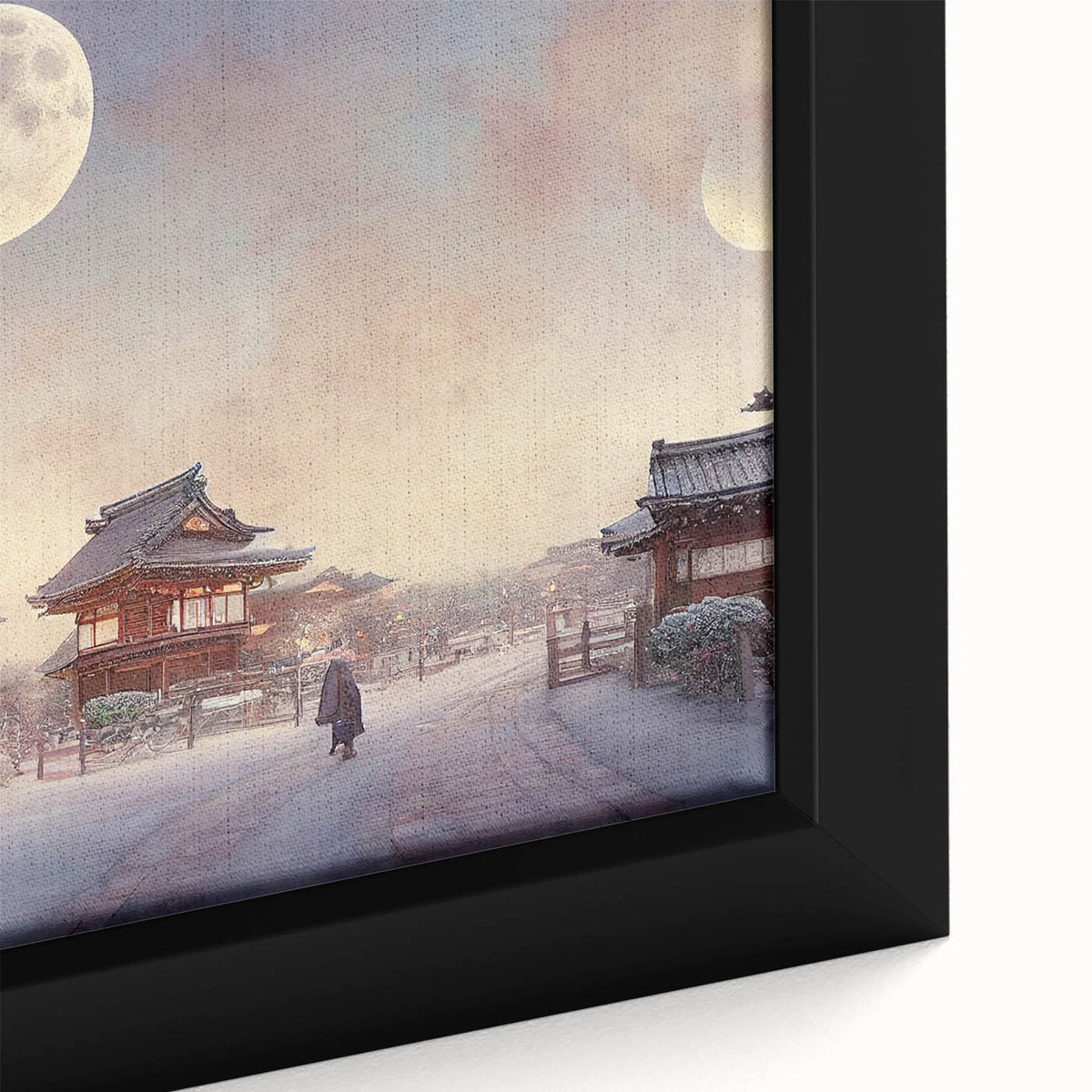 Extra large framed canvas depicting a textured, colorful Kyoto scenery in muted earth tones, ideal for living room decor.