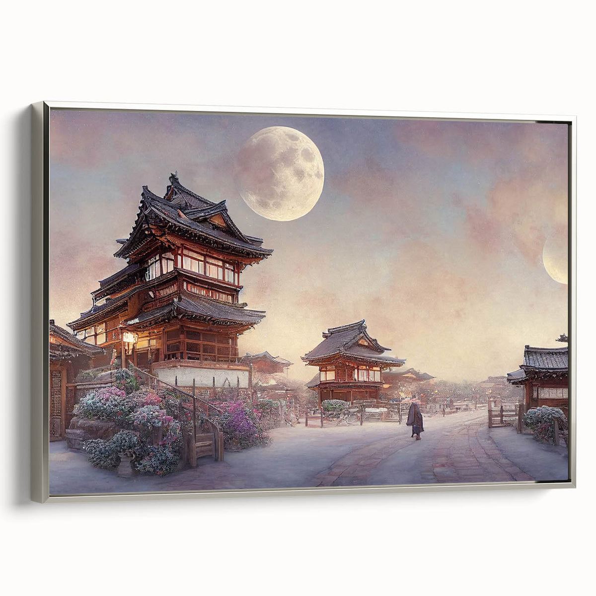 Framed canvas depicting a vintage-style Japanese landscape in Kyoto with colorful foliage and a black background.