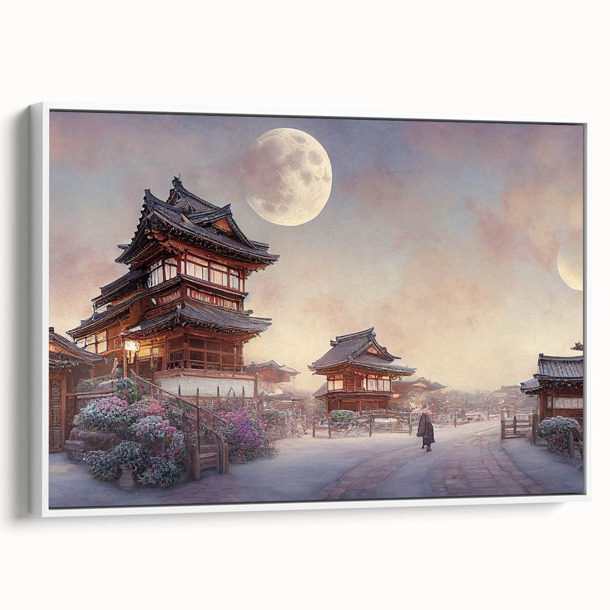 Vintage poster art of a Japanese Kyoto scenery in vibrant colors, framed canvas, suitable for living room decor.