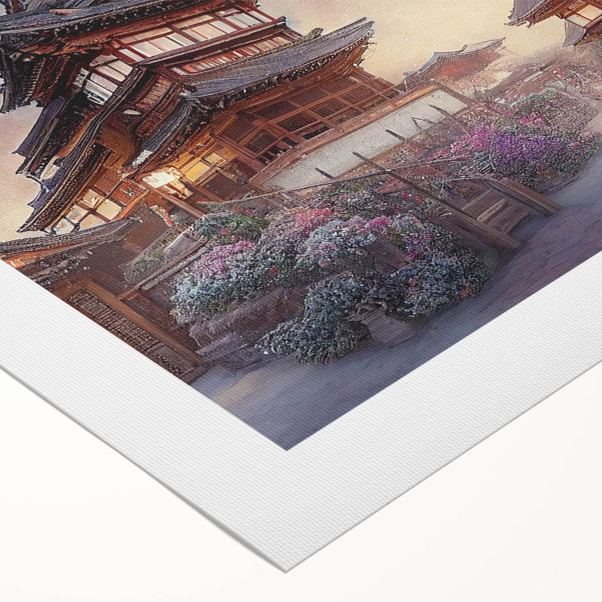 Art deco poster featuring a serene Kyoto landscape in muted green and beige tones on rolled canvas.