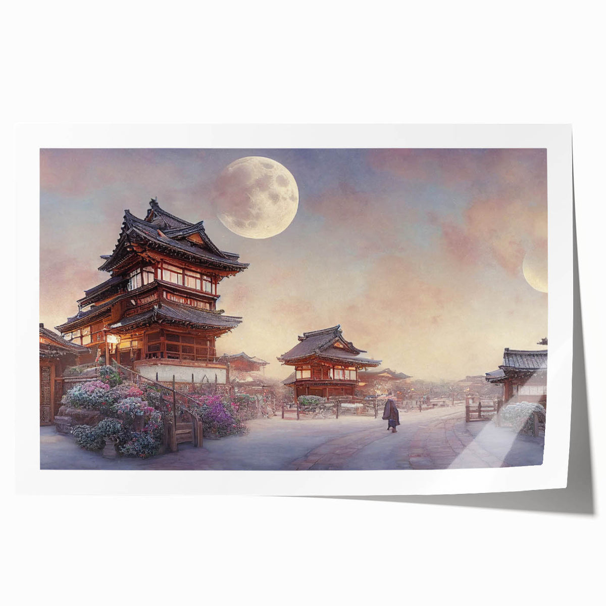 Extra large rolled print of Kyoto scenery with floral elements in soft hues.