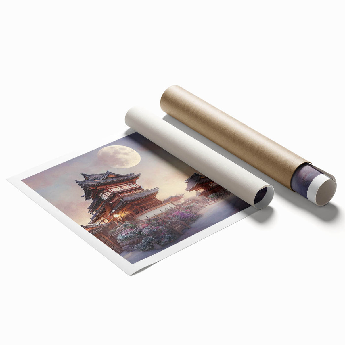Extra large rolled print of a serene Kyoto garden scene in muted green and brown tones, ideal for classy bathroom wall art.