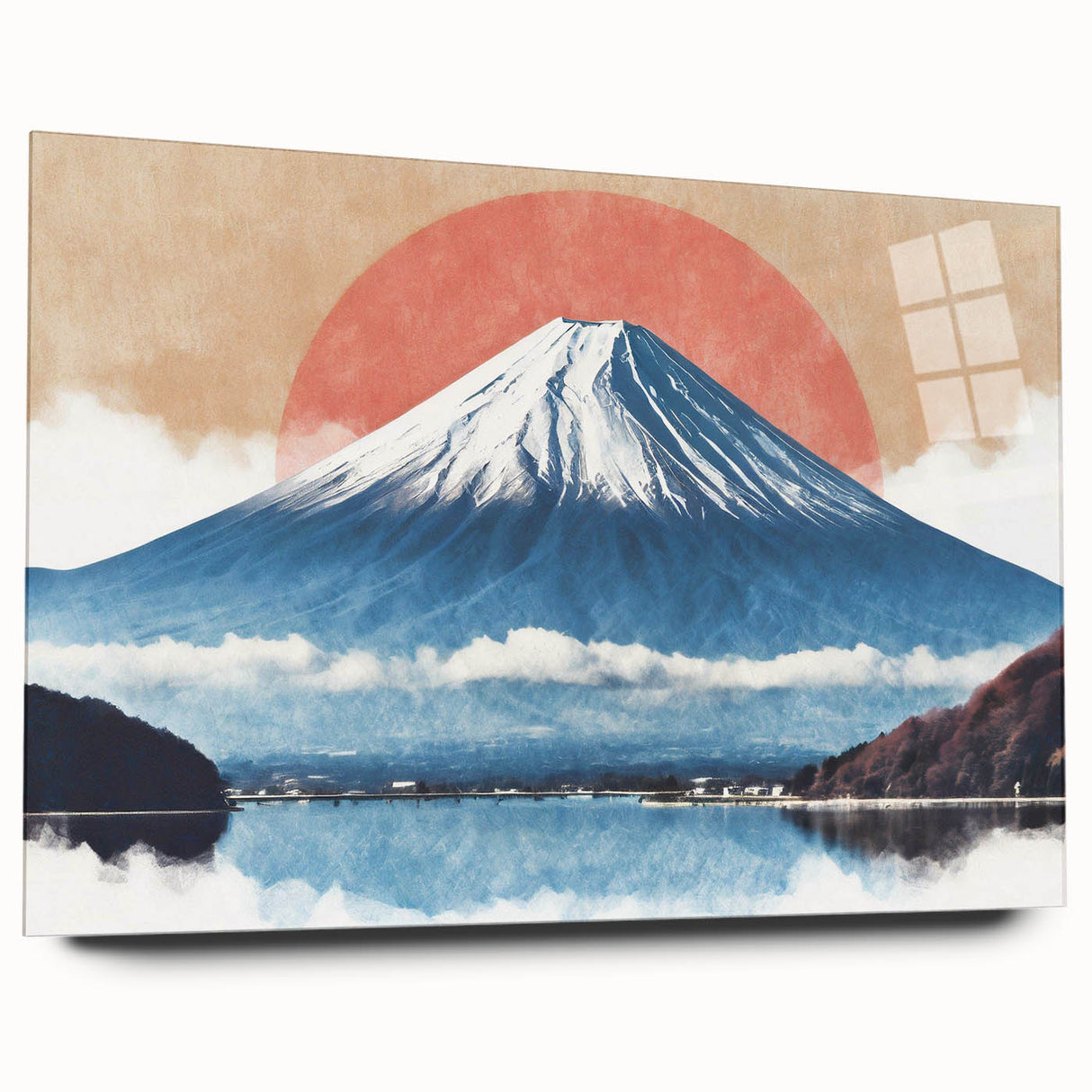 Acrylic print of Mount Fuji in muted blues and grays, ideal for bedroom or dining room art.