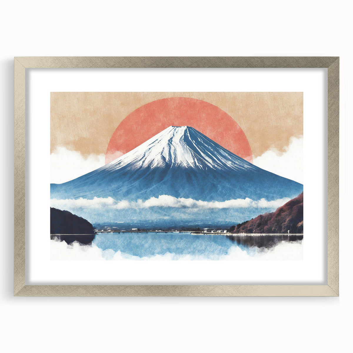 Textured art print of Mount Fuji in muted blue and gray tones on a framed poster, ideal for bedroom wall decor.