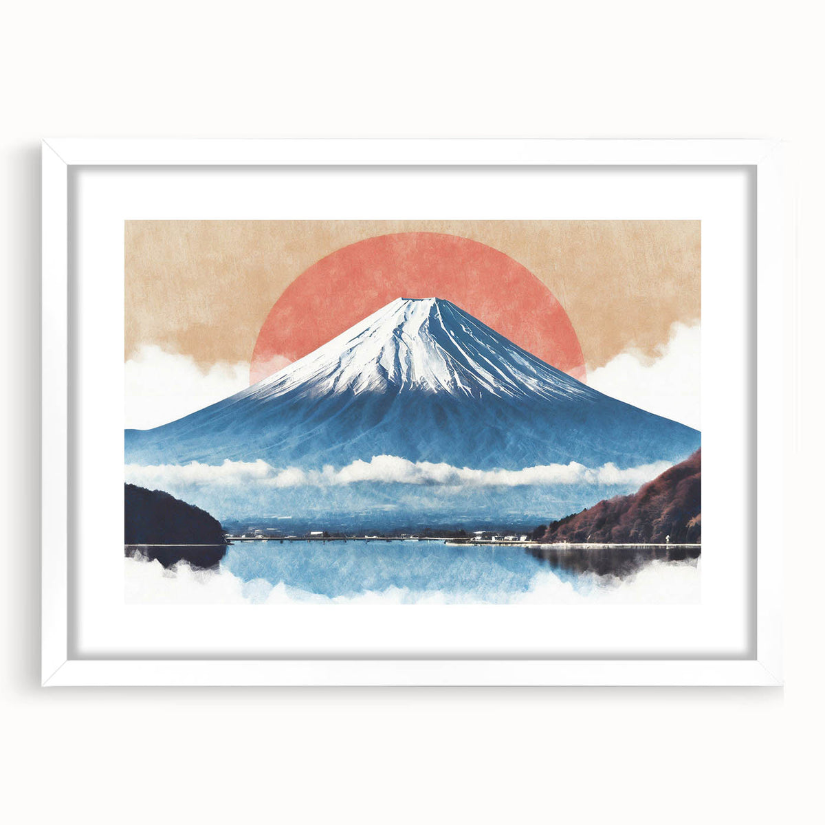 Abstract art print of Mount Fuji in muted blue and white tones, framed with a white mat, suitable for dining room decor.