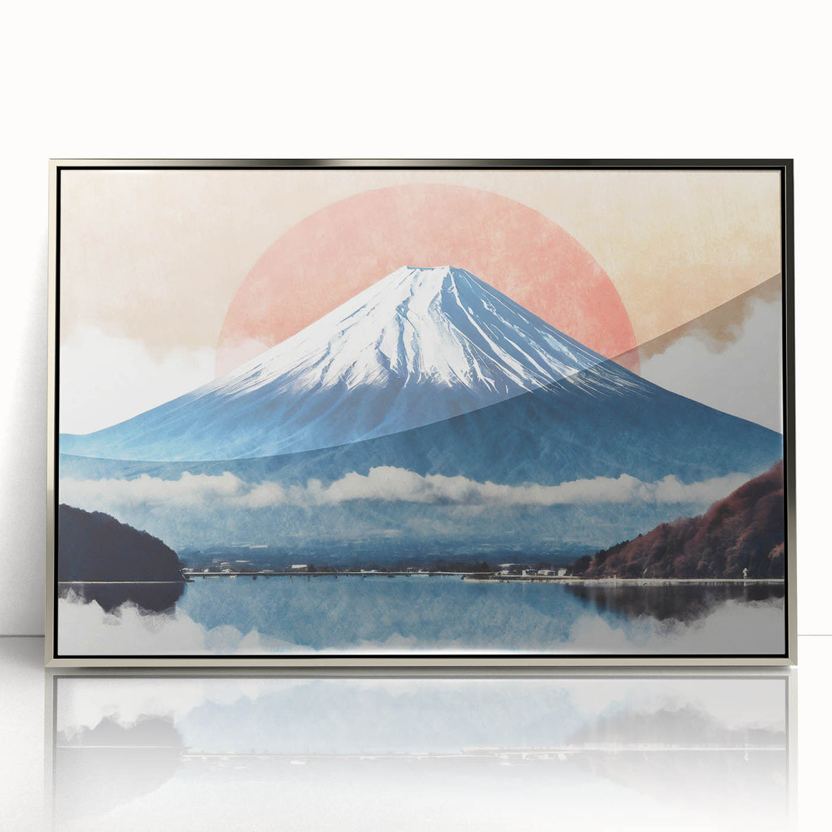 Mid-century modernist art of Mount Fuji with soft pink and blue hues on a framed acrylic print.