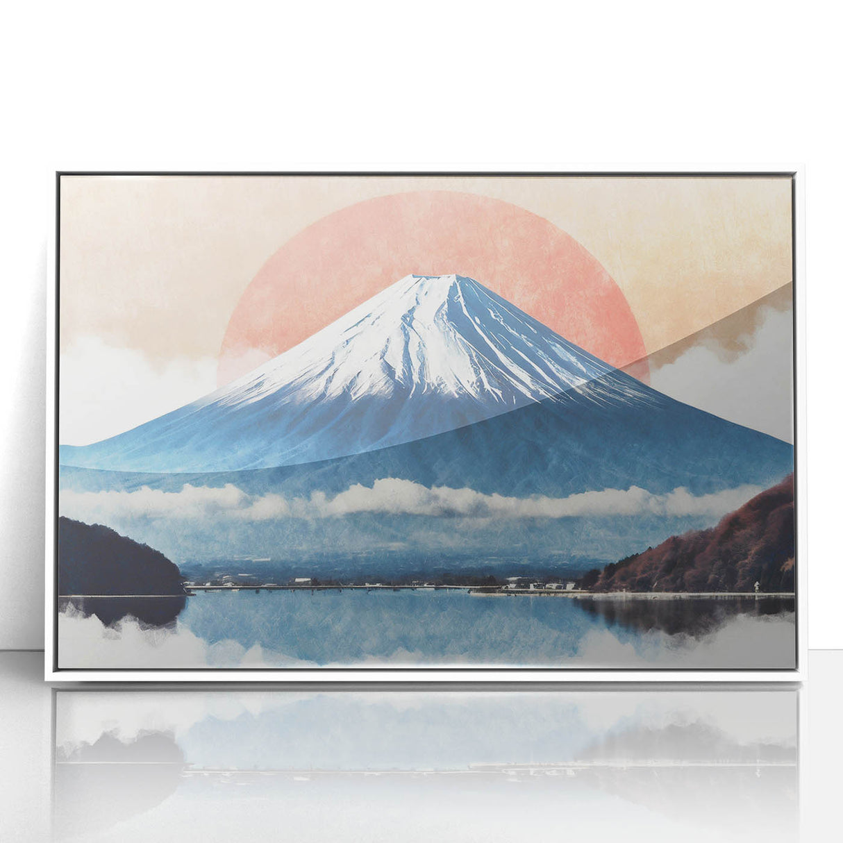 Acrylic print of Mount Fuji with soft pastel shades, framed in white, ideal for modern art wall decor or nursery.