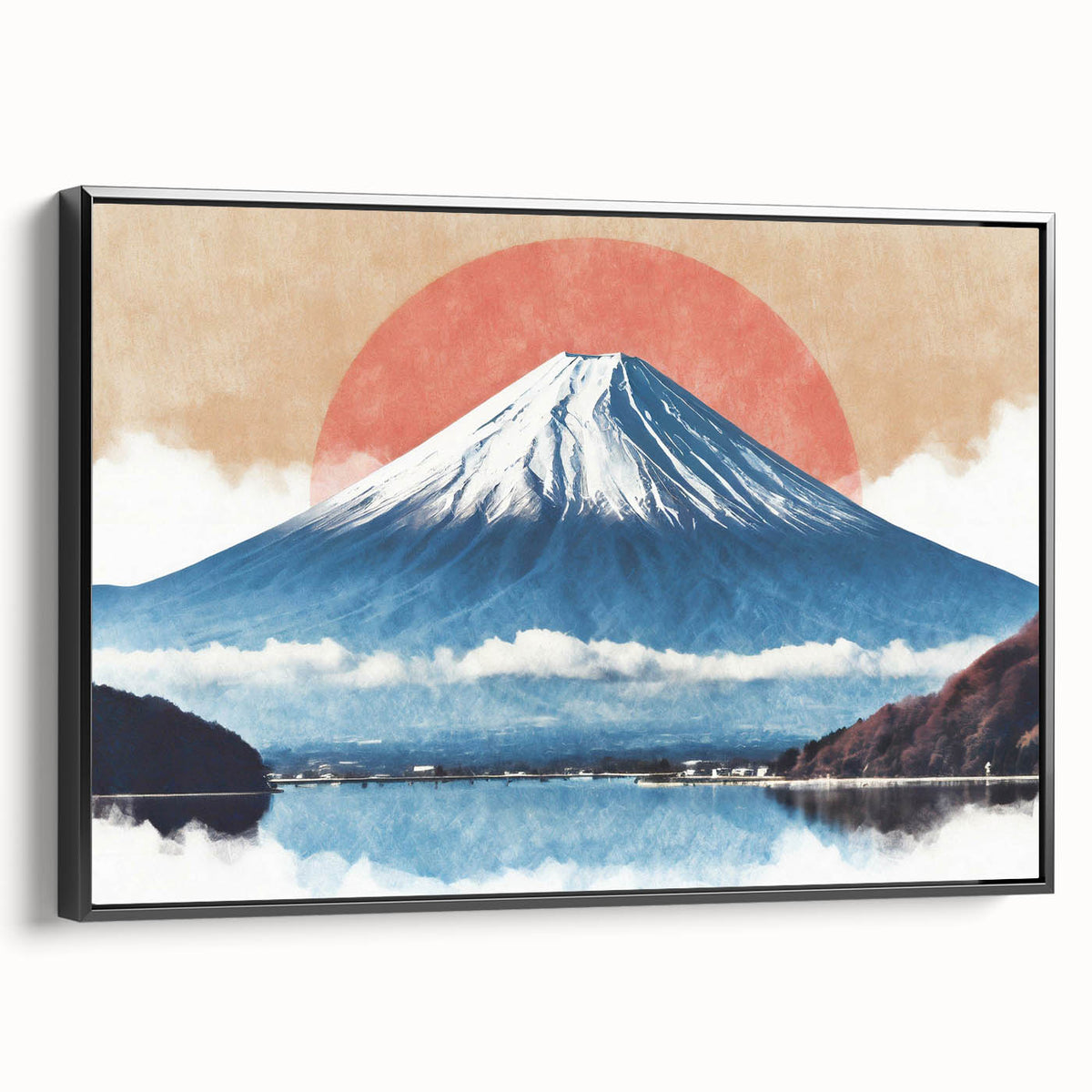 Framed canvas depicting Mount Fuji in black and white, ideal for bedroom wall decor.