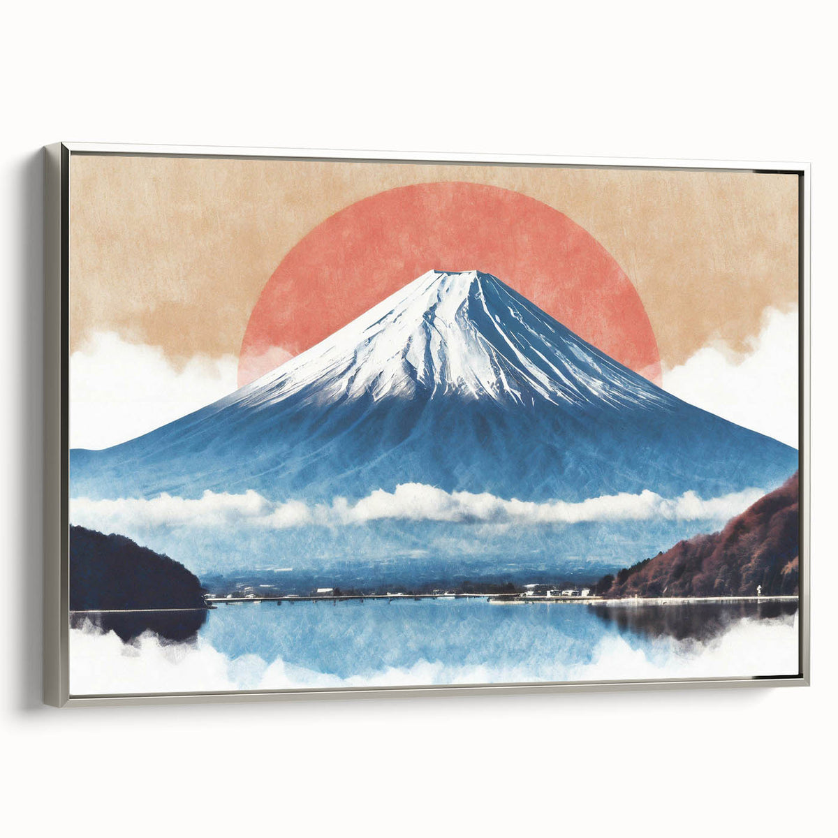 Framed canvas of Mount Fuji with colorful vintage poster art style, ideal for decorating a living room.