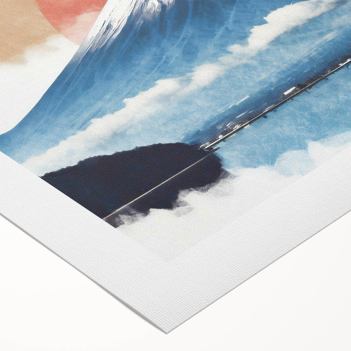 Art deco poster of Mount Fuji with pastel shades on rolled canvas, suitable for dining room decor.