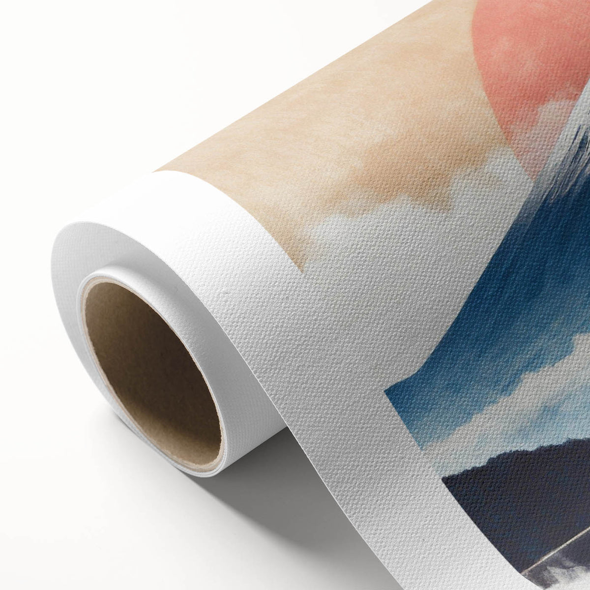 Art deco poster of Mount Fuji in pastel shades on rolled canvas, ideal for nursery wall art.