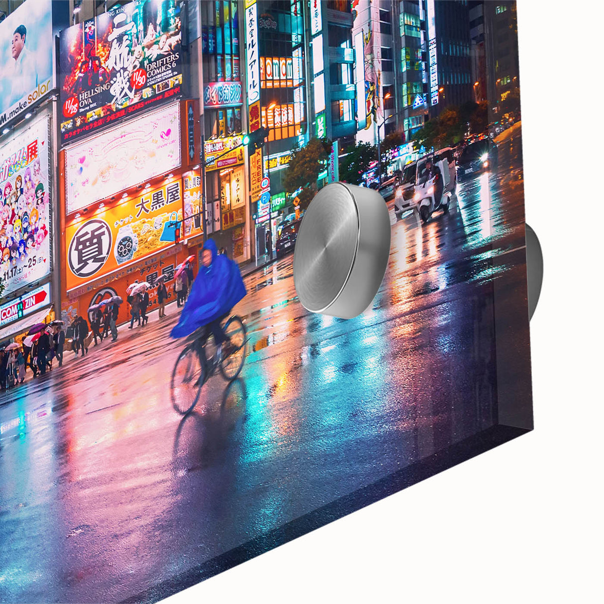 Large abstract depiction of Tokyo skyline in muted gray and blue tones on acrylic glass, suitable for dining room art.