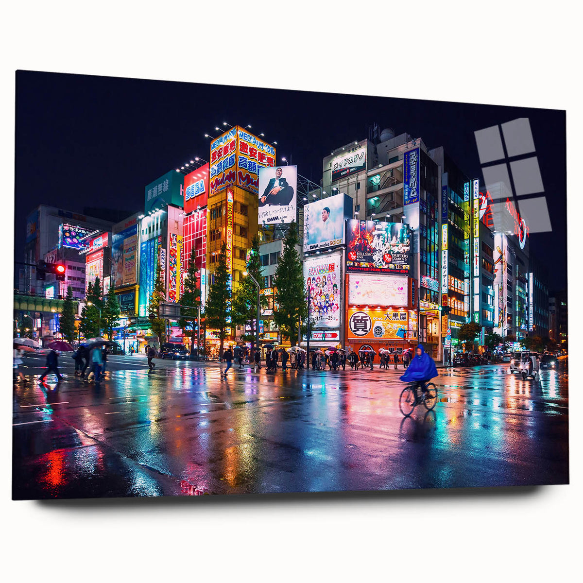Large abstract depiction of Tokyo's skyline in muted gray and blue on acrylic glass, suitable for bedroom or dining room art.
