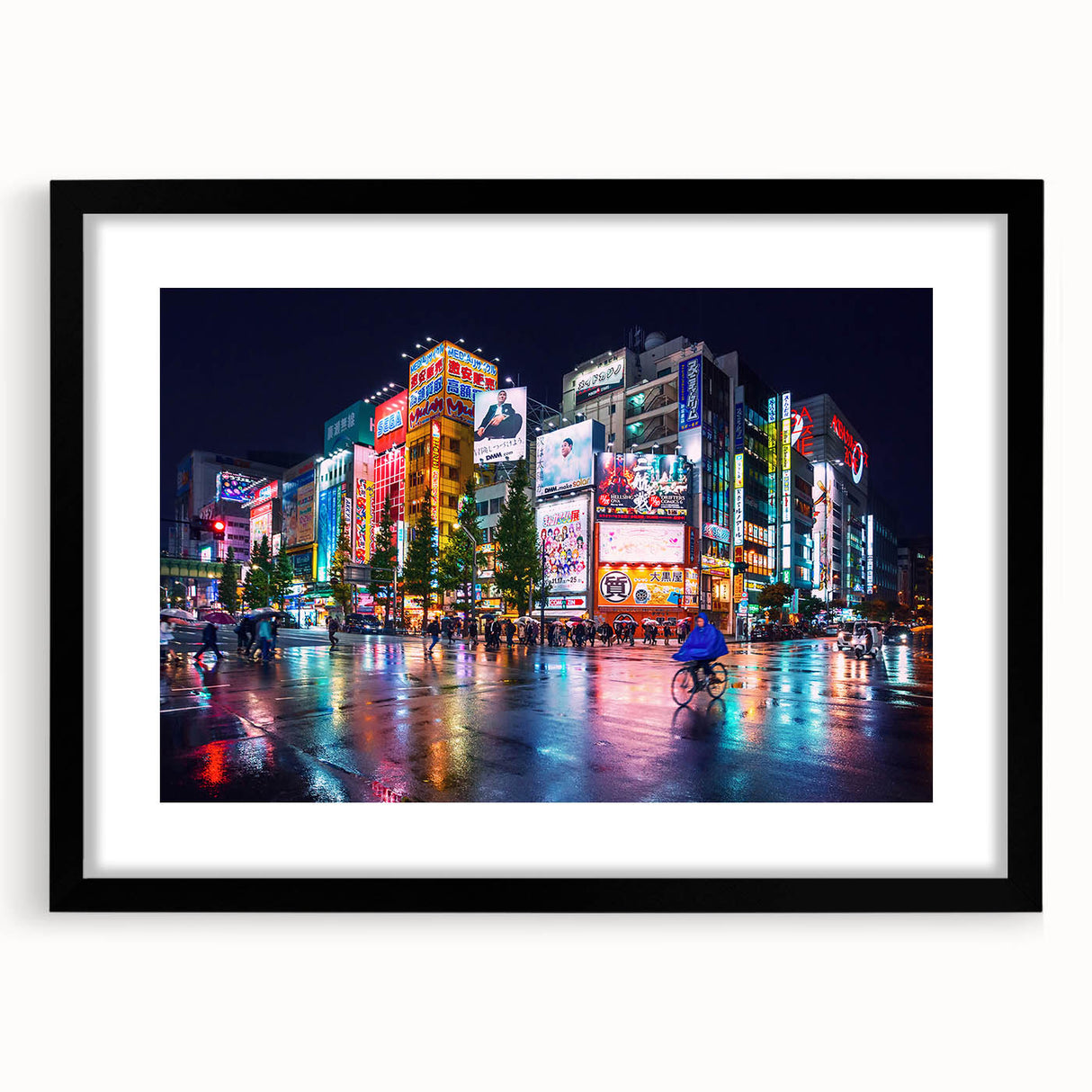 Extra large abstract art print of Tokyo scenery in vibrant colors on a textured canvas, framed in black.